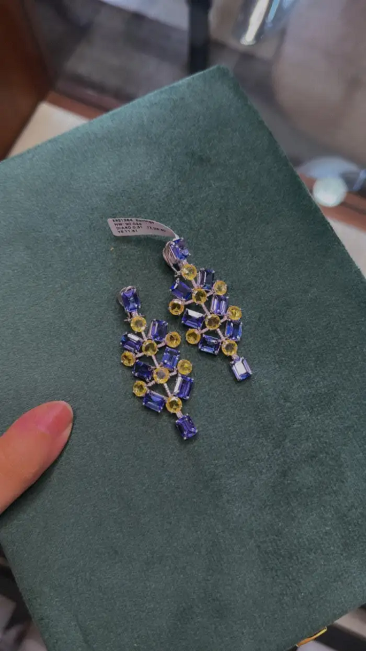 Natural Tanzanite & Yellow Sapphire Dangle Earrings - 18k White Gold Diamond Chandelier Earrings