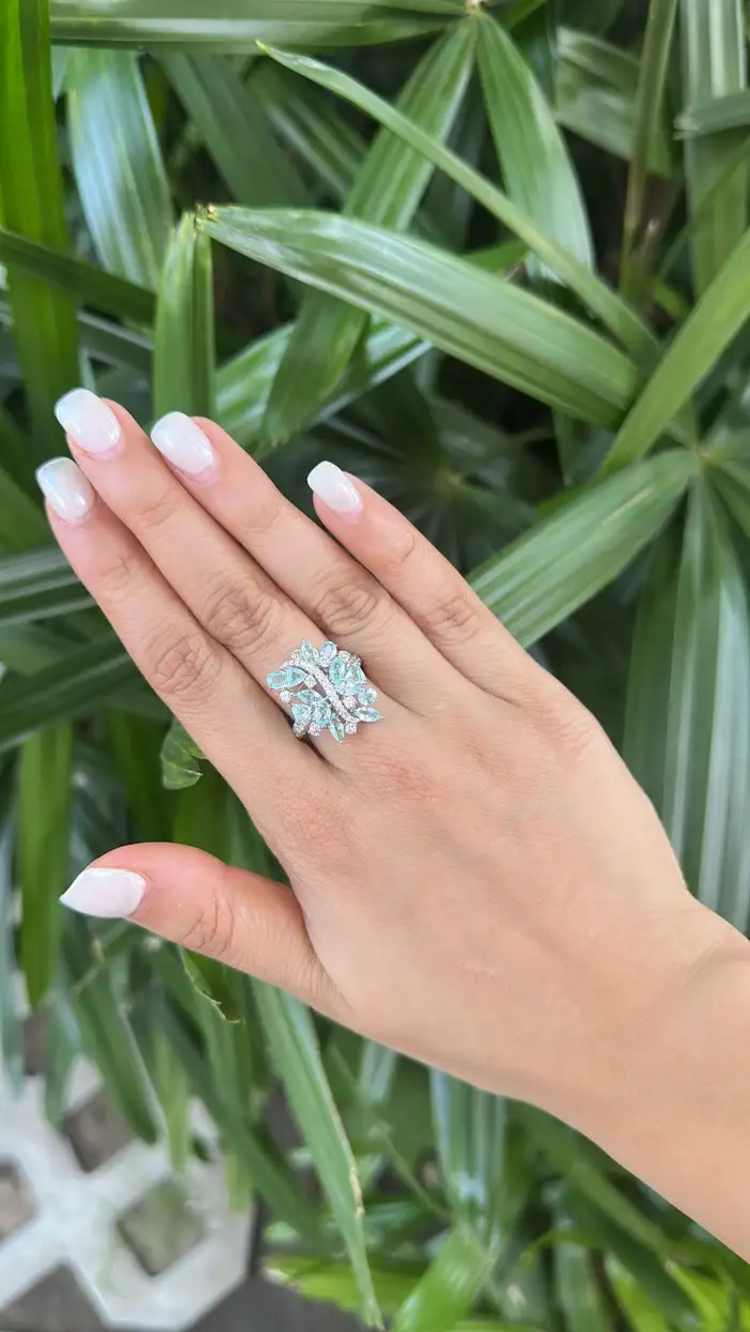 Natural Paraiba Tourmaline & Diamond Wedding Ring - 18k White Gold Engagement Ring