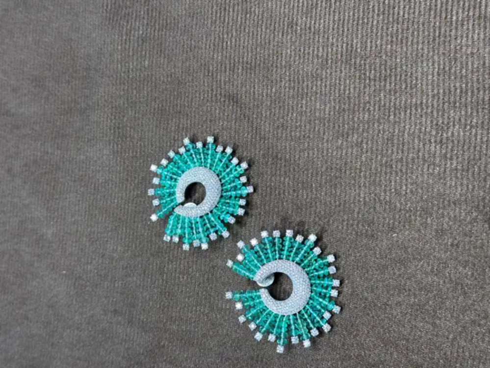 Natural Zambian Emerald Beads Earrings - 18k White Gold Diamond Stud Hoop Wedding Earrings