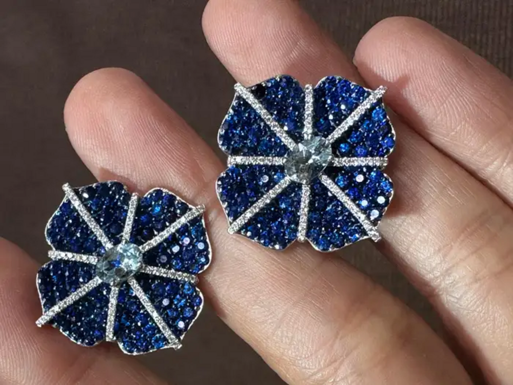 18k White Gold Diamond Floral Earrings - Natural Aquamarine & Blue Sapphire Stud Earrings