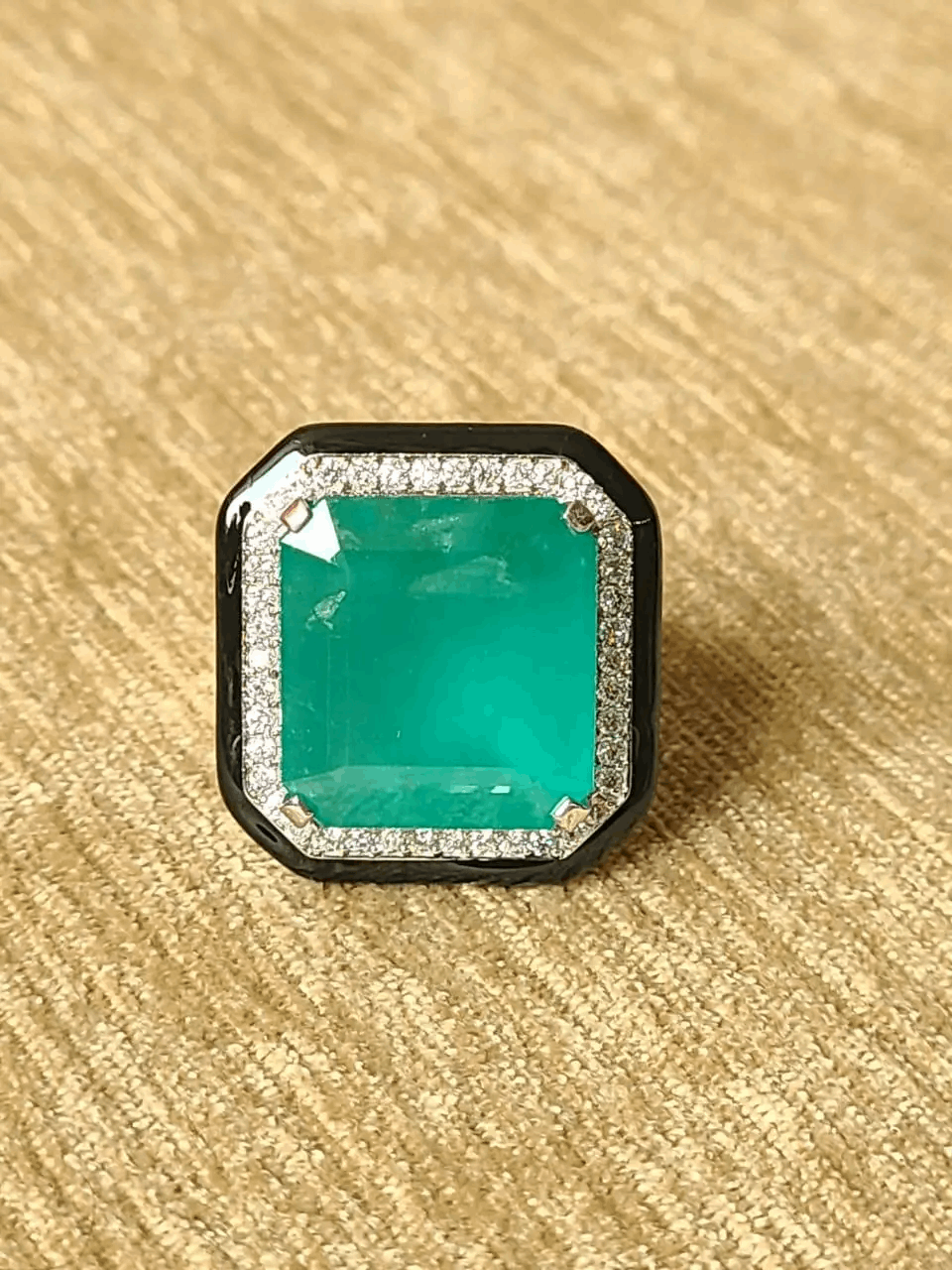Zambian Emerald 16.72 Carats, Black Enamel & Diamonds Cocktail/ Engagement Ring