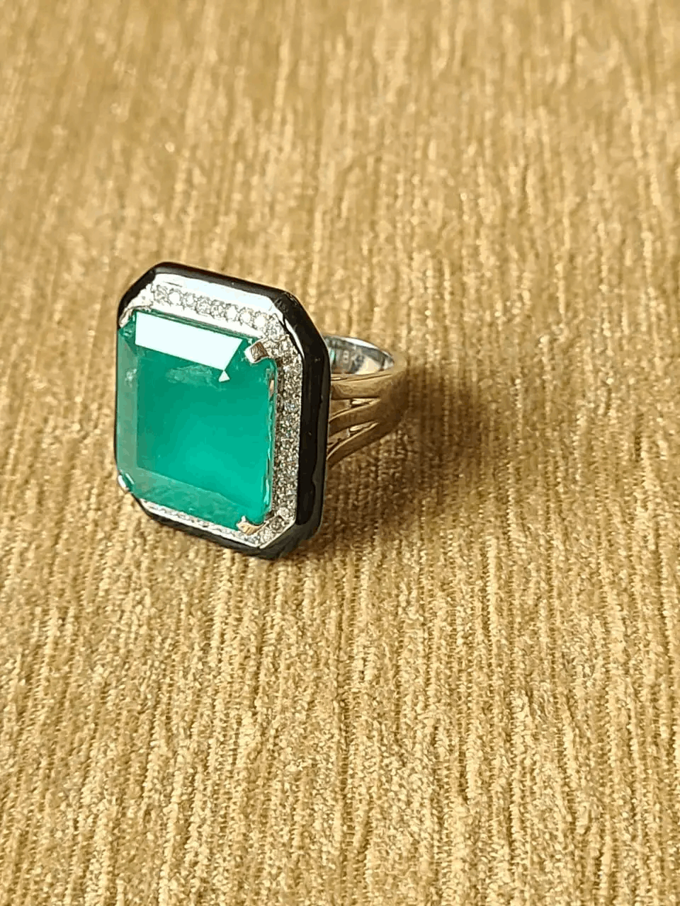 Zambian Emerald 16.72 Carats, Black Enamel & Diamonds Cocktail/ Engagement Ring