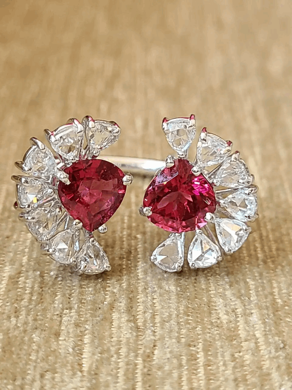 Rubellite Set in 18K White Gold & Rose Cut Diamonds Cocktail/ Engagement Ring