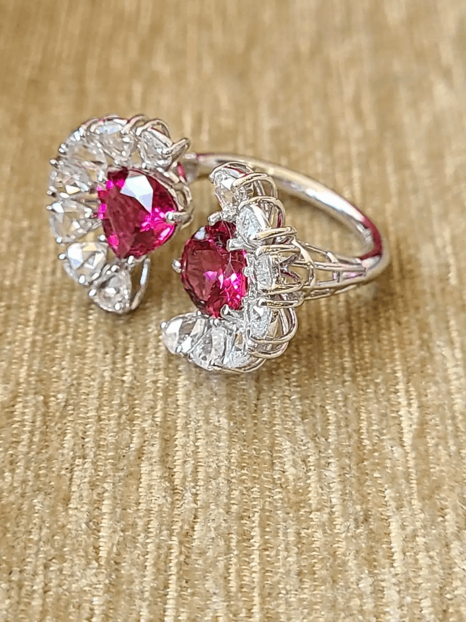Rubellite Set in 18K White Gold & Rose Cut Diamonds Cocktail/ Engagement Ring