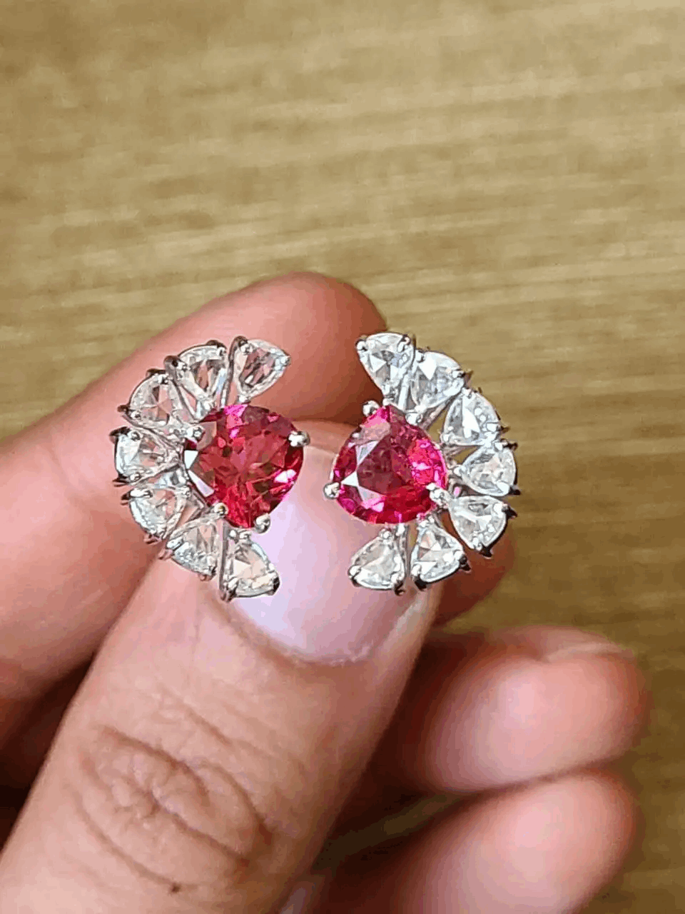 Rubellite Set in 18K White Gold & Rose Cut Diamonds Cocktail/ Engagement Ring