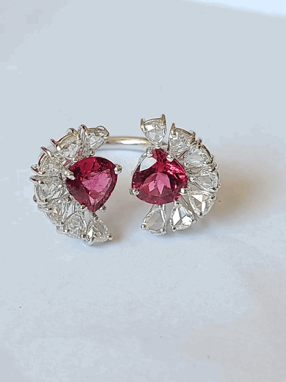 Rubellite Set in 18K White Gold & Rose Cut Diamonds Cocktail/ Engagement Ring