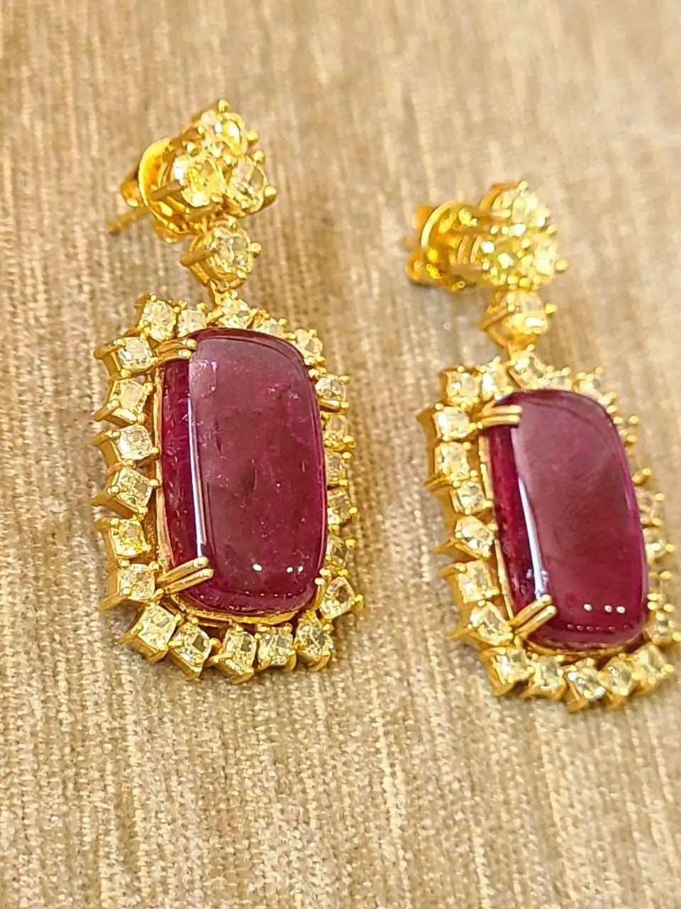 Natural Rubellite Cabochons & Yellow Diamonds Dangle Earrings Set in 18K Gold