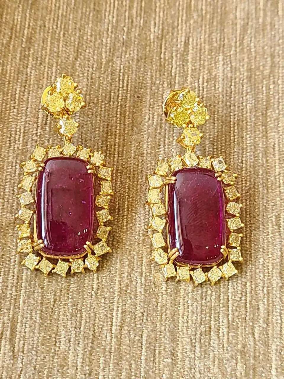 Natural Rubellite Cabochons & Yellow Diamonds Dangle Earrings Set in 18K Gold