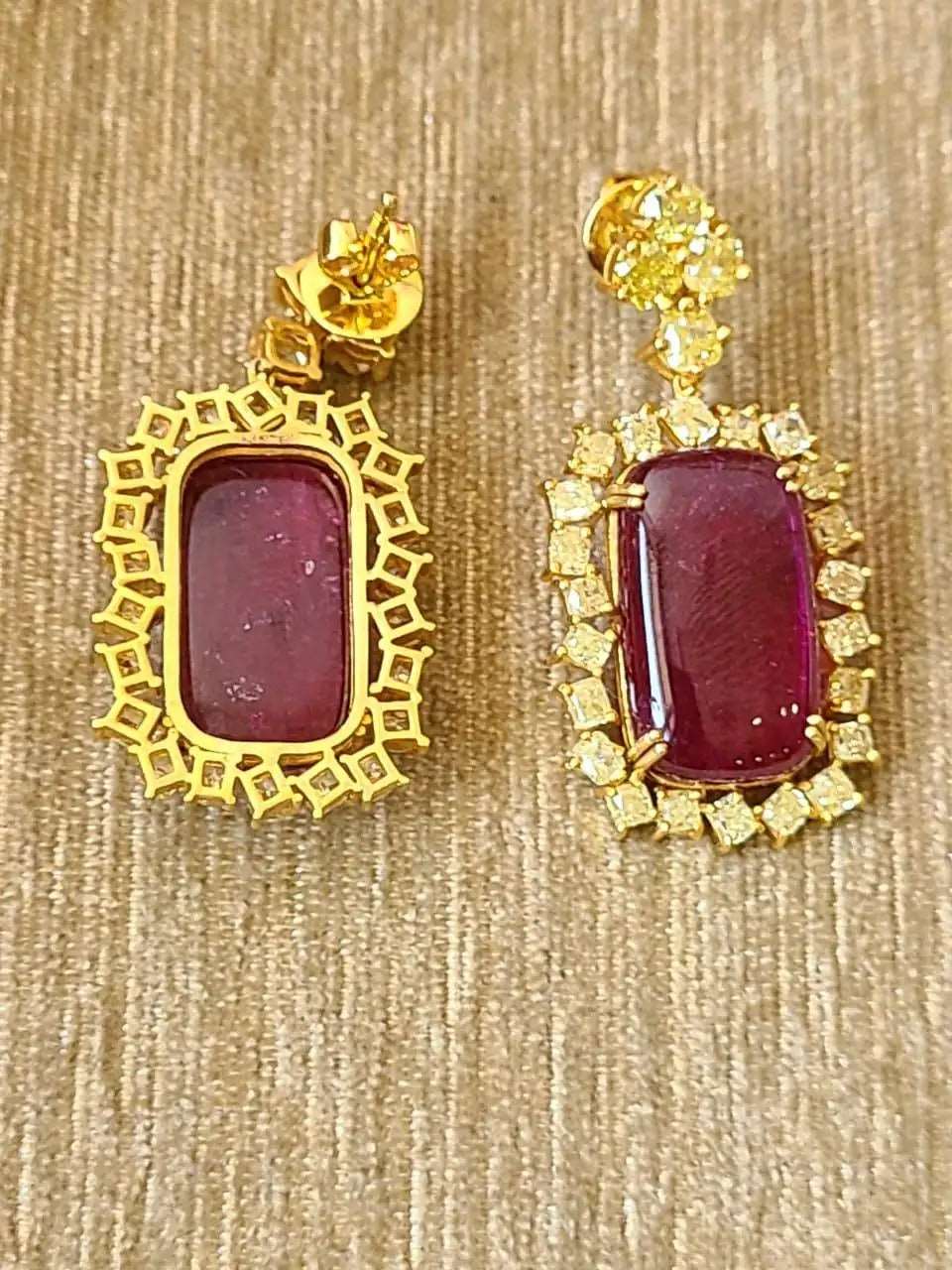 Natural Rubellite Cabochons & Yellow Diamonds Dangle Earrings Set in 18K Gold