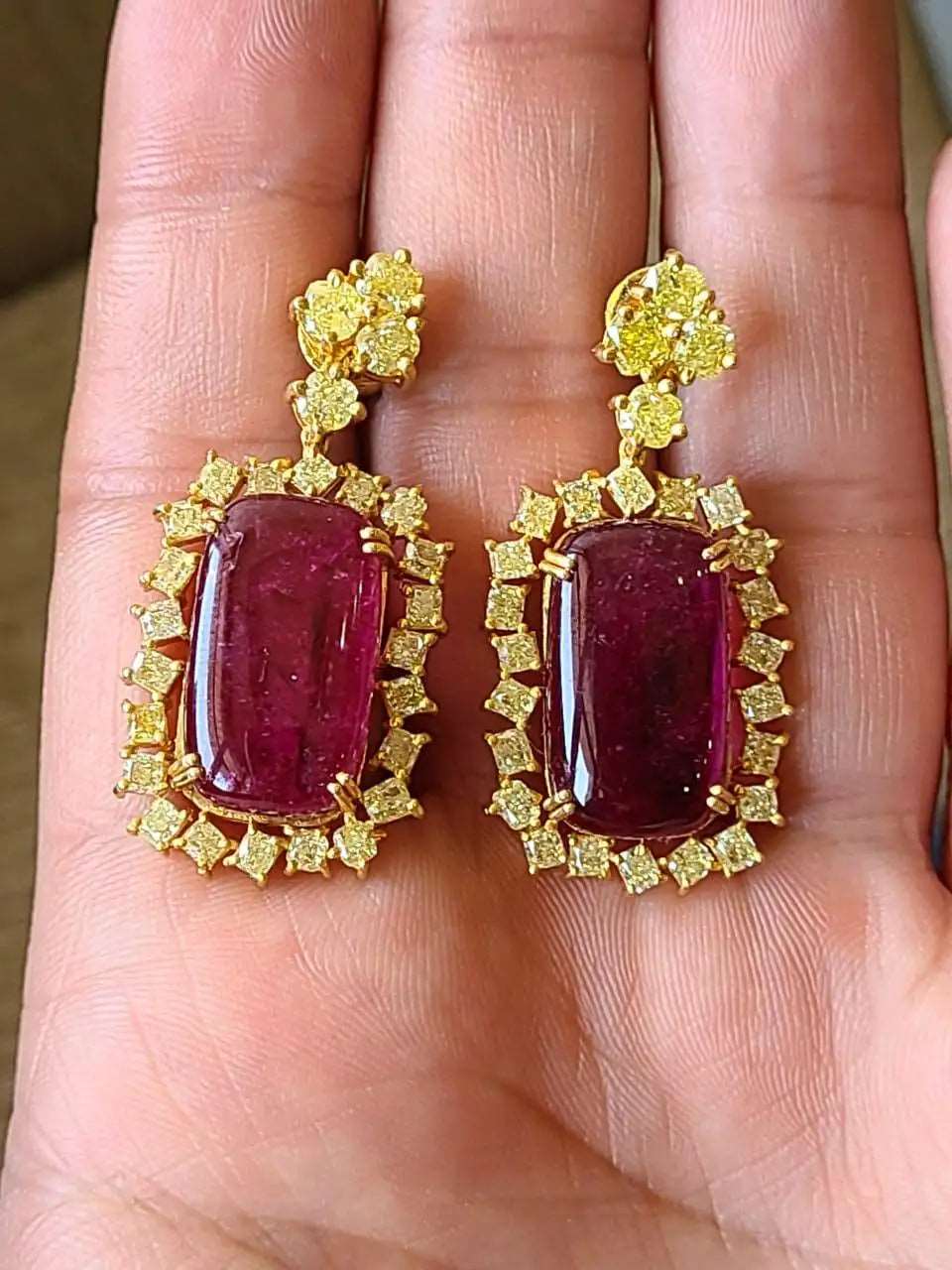 Natural Rubellite Cabochons & Yellow Diamonds Dangle Earrings Set in 18K Gold