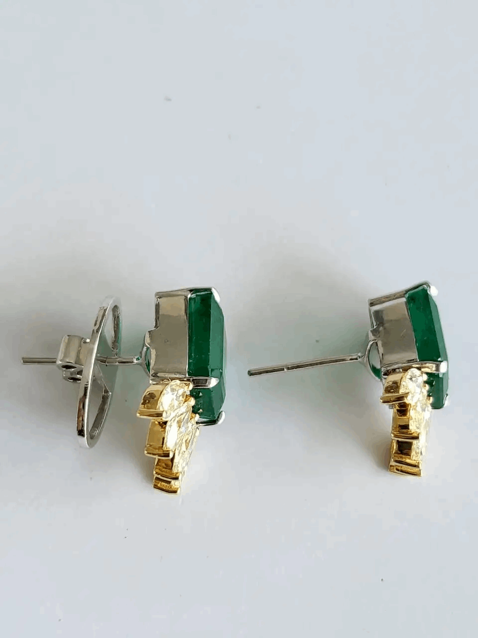 Natural Zambian Emeralds 11.51 carats & Yellow Marquise Diamonds Stud Earrings