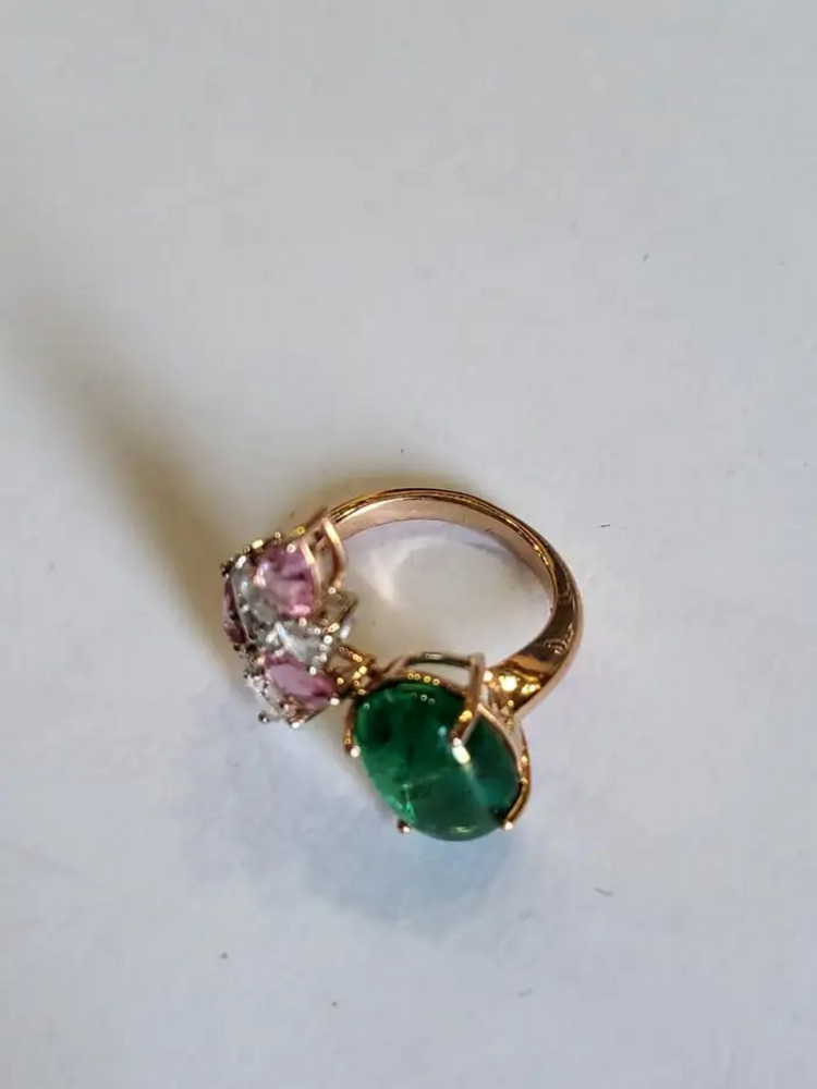 18k Rose Gold Diamond Ring - Natural Zambian Emerald & Pink Sapphire Gemstone Women Ring