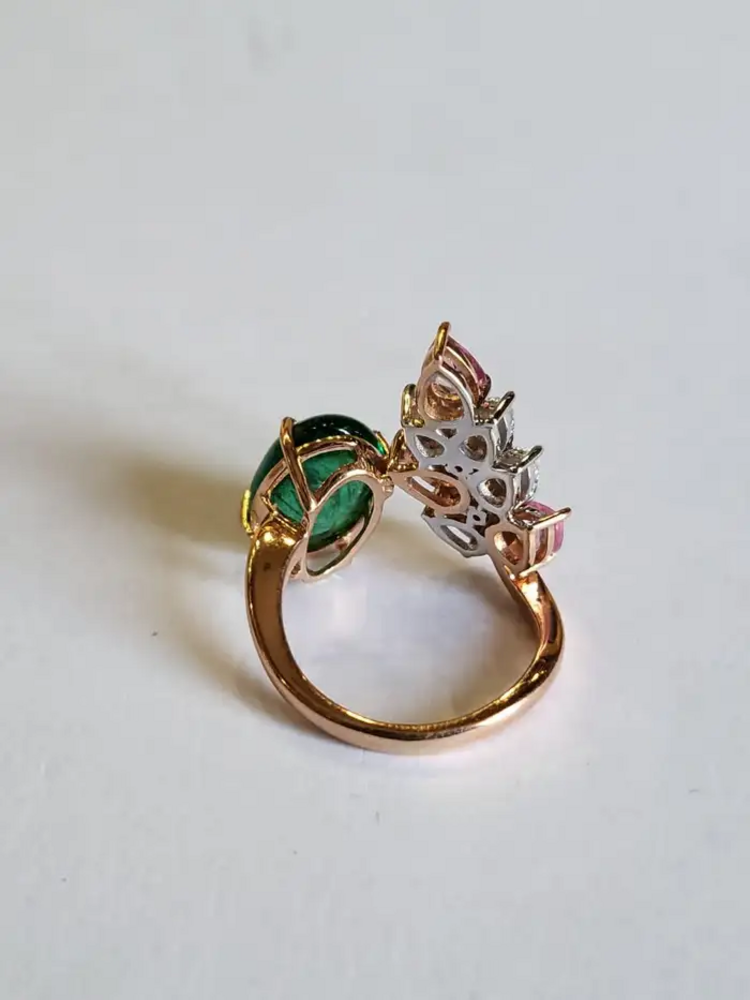 18k Rose Gold Diamond Ring - Natural Zambian Emerald & Pink Sapphire Gemstone Women Ring