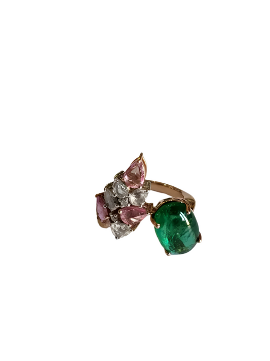 18k Rose Gold Diamond Ring - Natural Zambian Emerald & Pink Sapphire Gemstone Women Ring