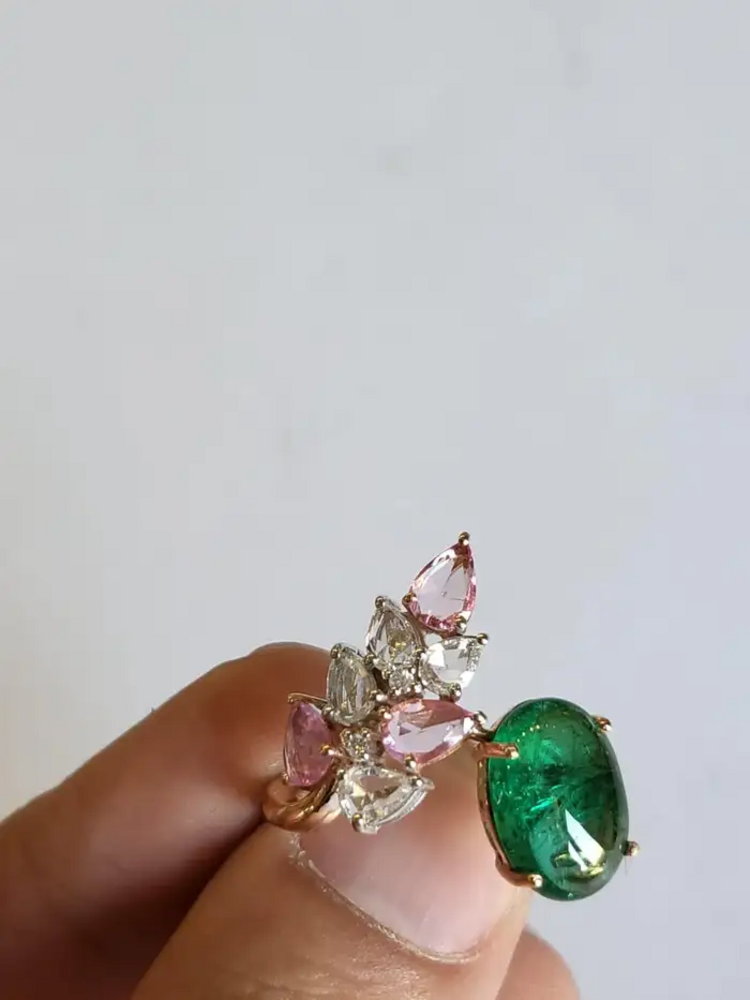 18k Rose Gold Diamond Ring - Natural Zambian Emerald & Pink Sapphire Gemstone Women Ring