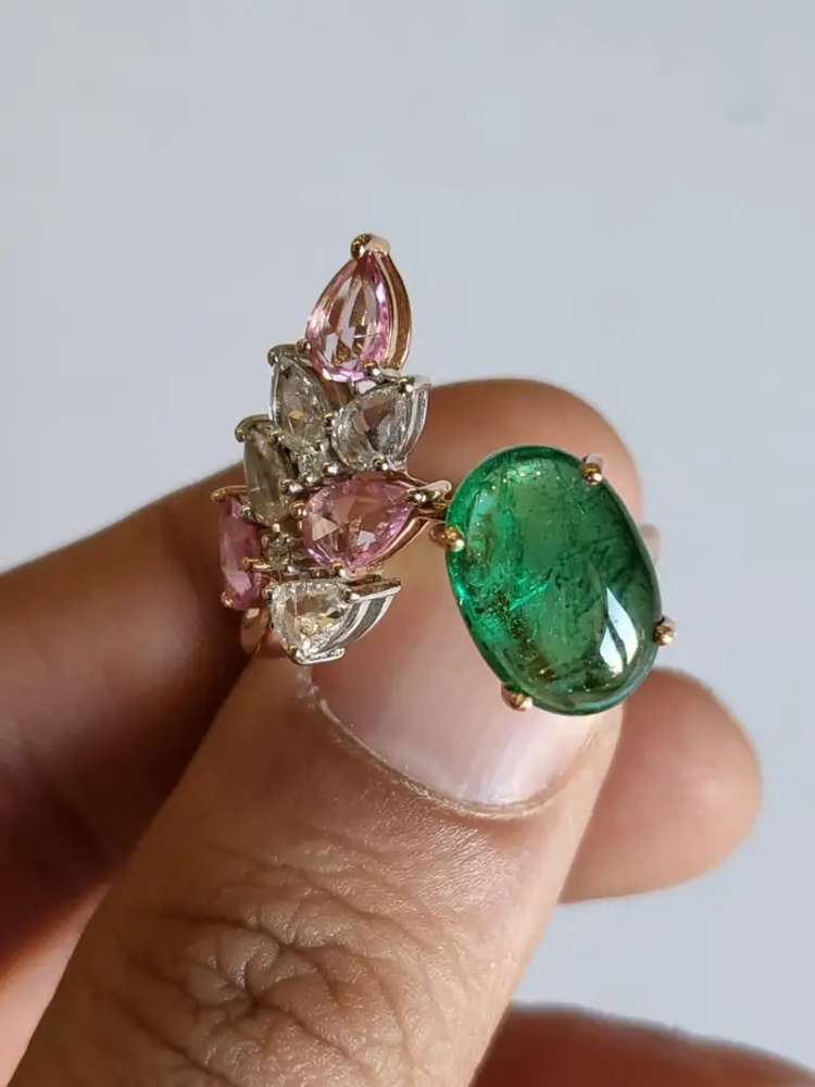 18k Rose Gold Diamond Ring - Natural Zambian Emerald & Pink Sapphire Gemstone Women Ring