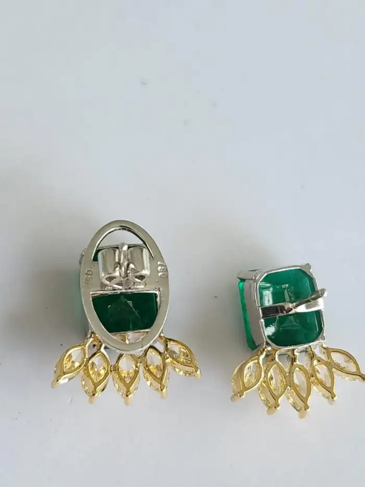 Natural Zambian Emerald Stud Earrings - 18k Two Tone Gold Earrings With Marquise Yellow Diamonds