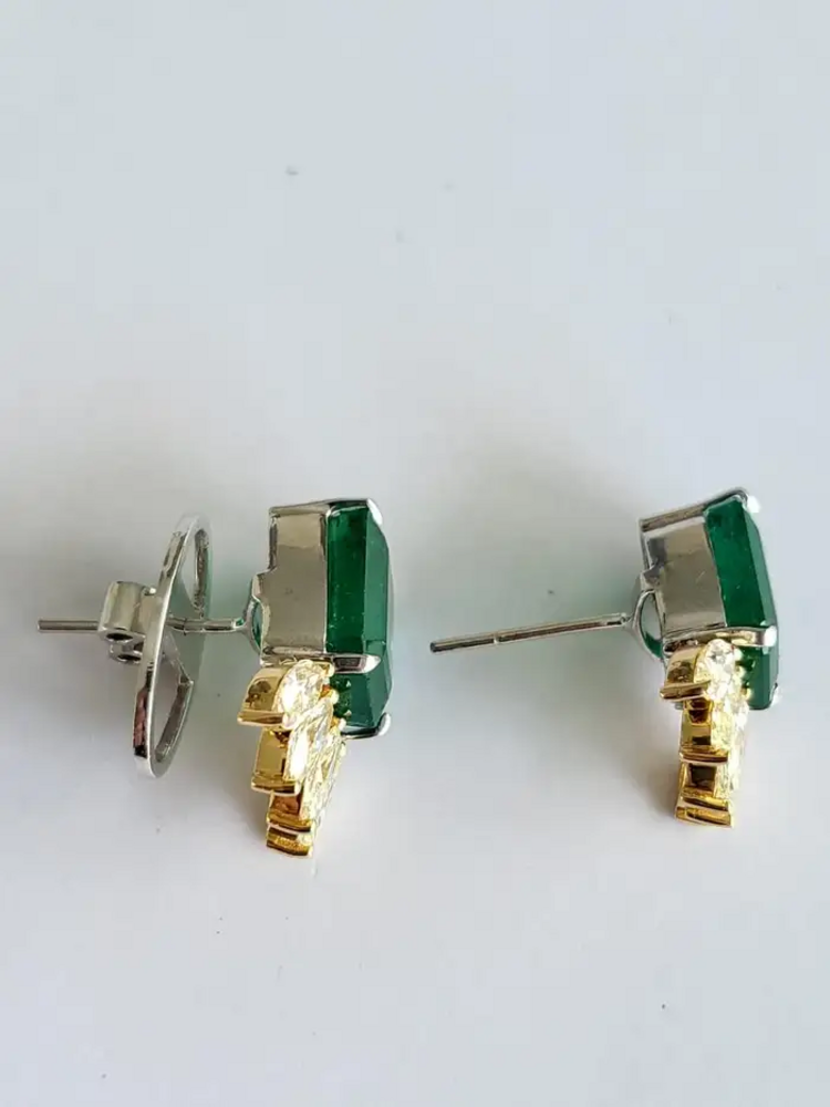 Natural Zambian Emerald Stud Earrings - 18k Two Tone Gold Earrings With Marquise Yellow Diamonds