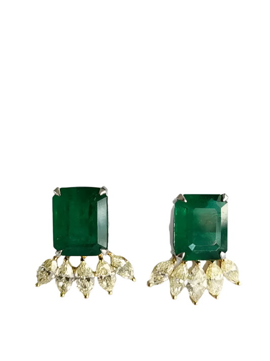 Natural Zambian Emerald Stud Earrings - 18k Two Tone Gold Earrings With Marquise Yellow Diamonds