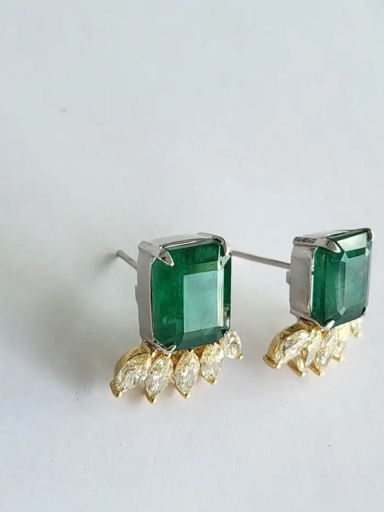 Natural Zambian Emerald Stud Earrings - 18k Two Tone Gold Earrings With Marquise Yellow Diamonds