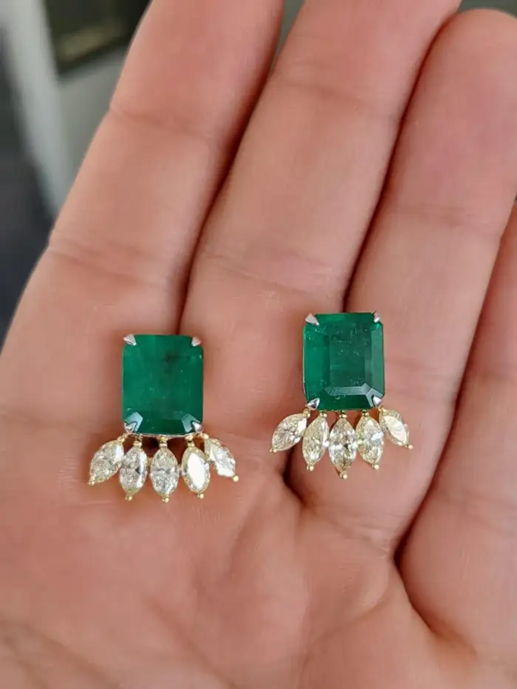 Natural Zambian Emerald Stud Earrings - 18k Two Tone Gold Earrings With Marquise Yellow Diamonds