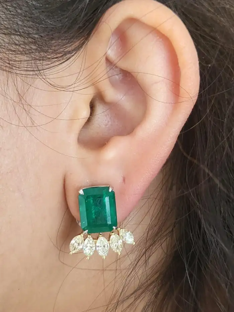Natural Zambian Emerald Stud Earrings - 18k Two Tone Gold Earrings With Marquise Yellow Diamonds