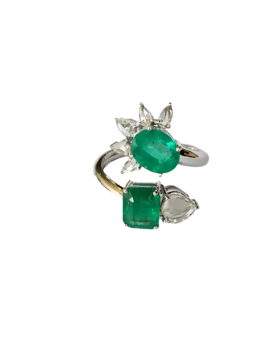 18k White Gold Ring - Natural Zambian Emerald Wrap Ring - Rose Cut Diamond Cuff Ring