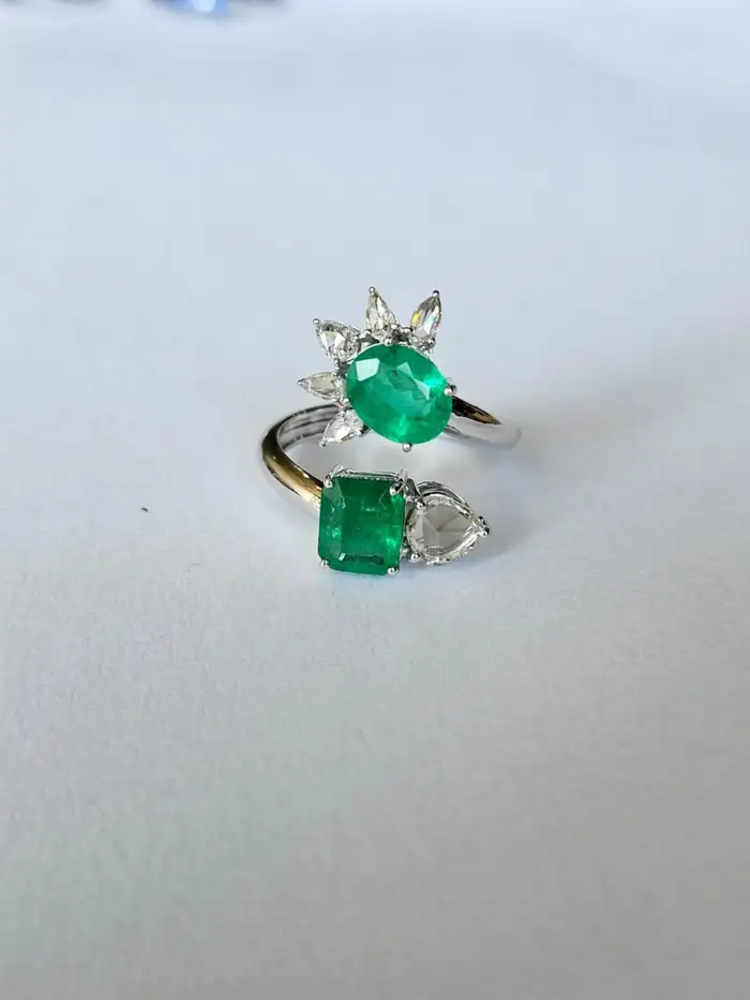 18k White Gold Ring - Natural Zambian Emerald Wrap Ring - Rose Cut Diamond Cuff Ring