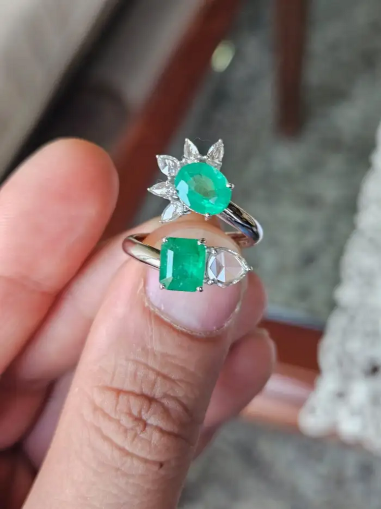 18k White Gold Ring - Natural Zambian Emerald Wrap Ring - Rose Cut Diamond Cuff Ring