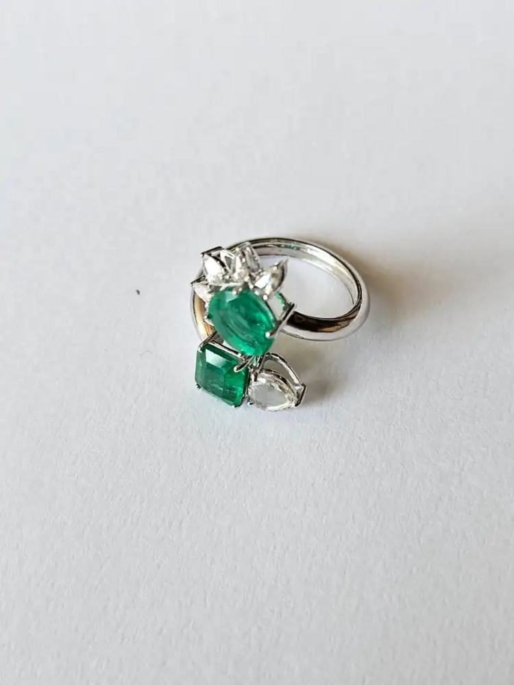 18k White Gold Ring - Natural Zambian Emerald Wrap Ring - Rose Cut Diamond Cuff Ring