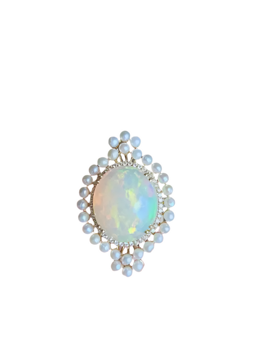 Ethiopian Opal & Freshwater Pearls Cocktail Ring - 18k Rose Gold Diamond Ring - Handmade Gold Diamond Ring