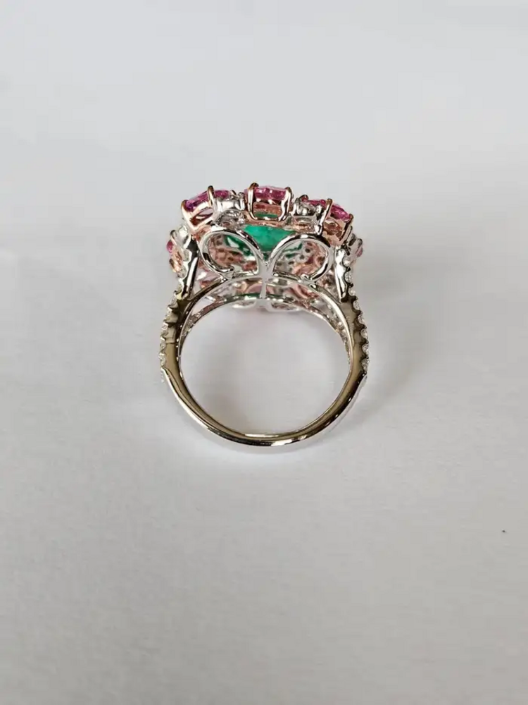Colombian Emerald Sugarloaf, Pink Sapphires & Rose Cut Diamonds Cocktail Ring - 18k White Gold Ring