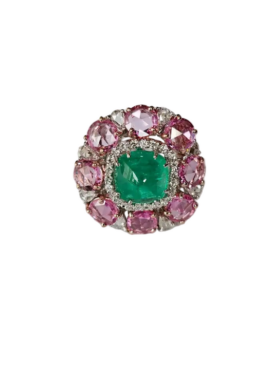 Colombian Emerald Sugarloaf, Pink Sapphires & Rose Cut Diamonds Cocktail Ring - 18k White Gold Ring