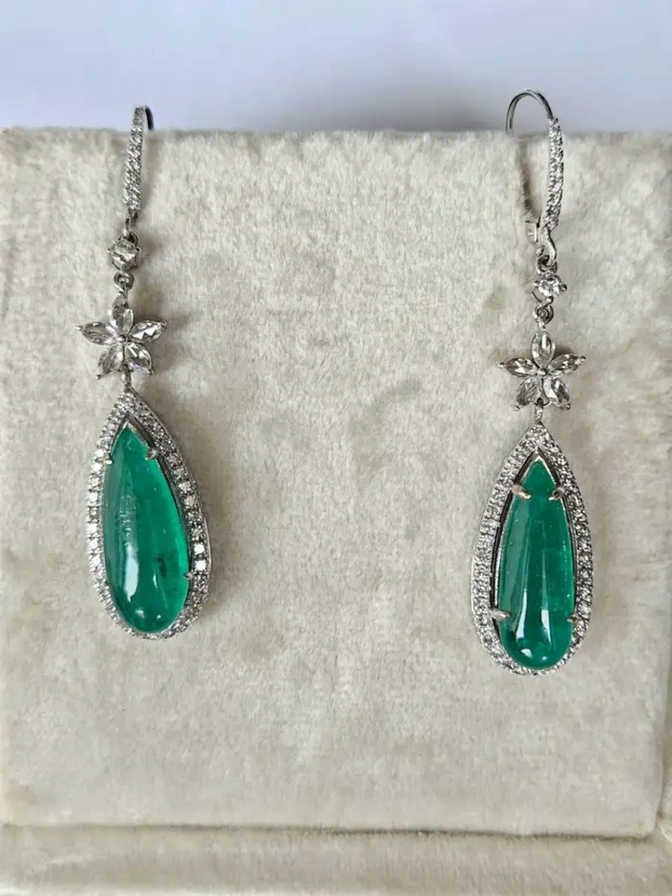 12.57 carats, Zambian Emeralds & Rose Cut Diamonds Chandelier Earrings