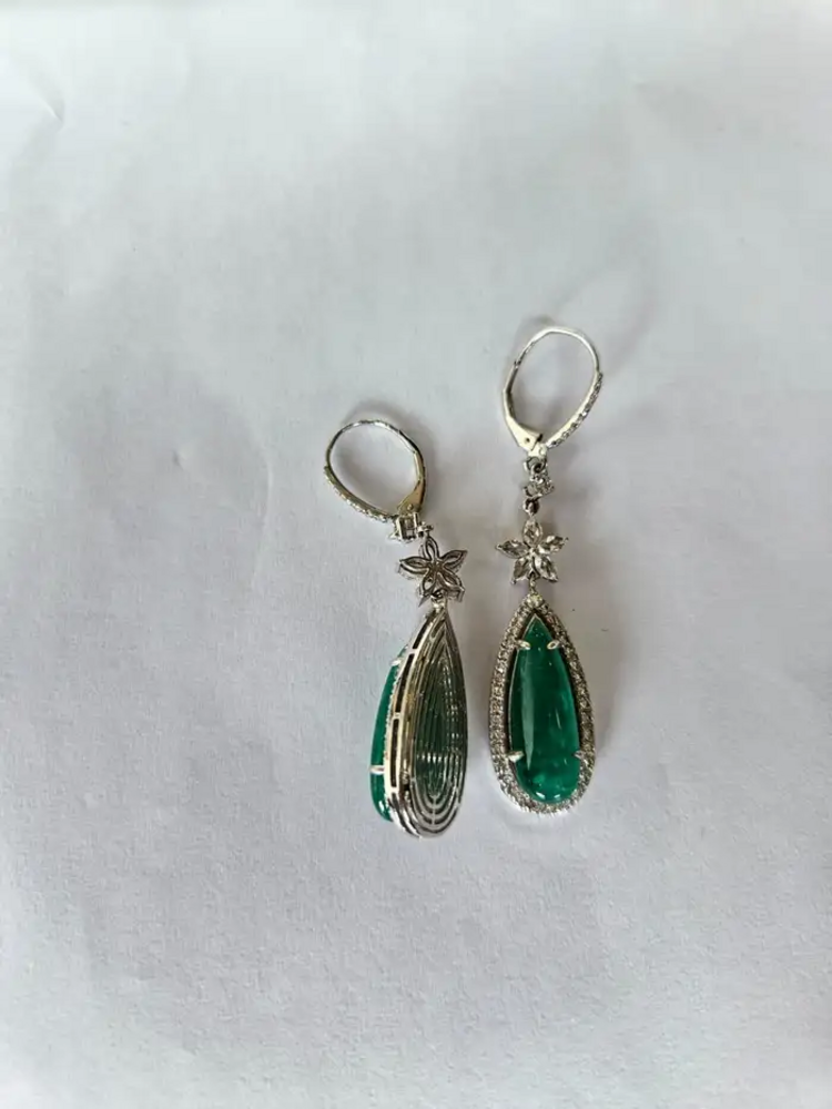 12.57 carats, Zambian Emeralds & Rose Cut Diamonds Chandelier Earrings