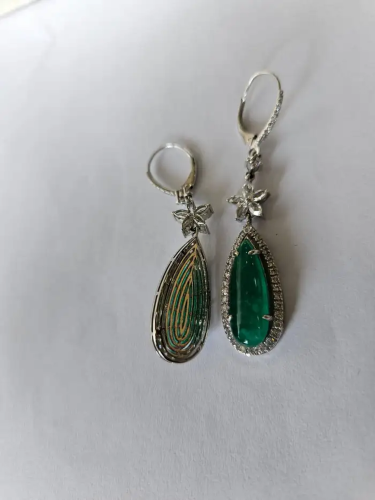 12.57 carats, Zambian Emeralds & Rose Cut Diamonds Chandelier Earrings