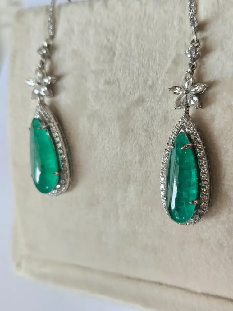 12.57 carats, Zambian Emeralds & Rose Cut Diamonds Chandelier Earrings