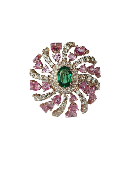 Natural Zambian Emerald Gold Ring - Solid 18k Rose Gold Diamond Floral Ring - Gold Diamond Cocktail Ring