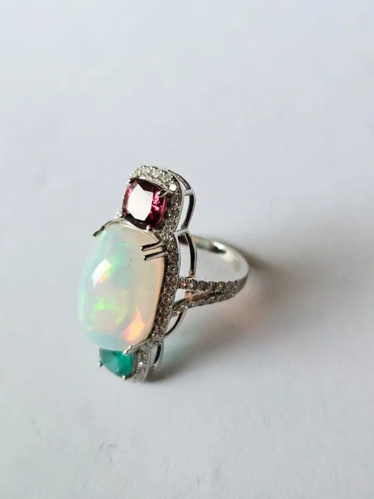 0.84 Ct. Round Cut Diamond 18k White Gold Wedding Ring Natural Ethiopian Opal, Zambian Emerald & Rubellite Gemstone Jewelry Gift