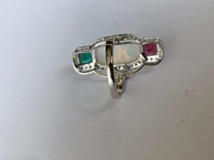 0.84 Ct. Round Cut Diamond 18k White Gold Wedding Ring Natural Ethiopian Opal, Zambian Emerald & Rubellite Gemstone Jewelry Gift