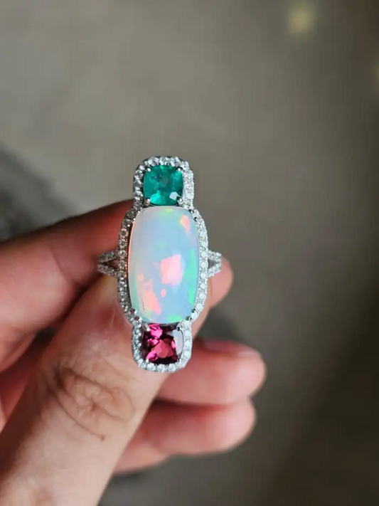 0.84 Ct. Round Cut Diamond 18k White Gold Wedding Ring Natural Ethiopian Opal, Zambian Emerald & Rubellite Gemstone Jewelry Gift