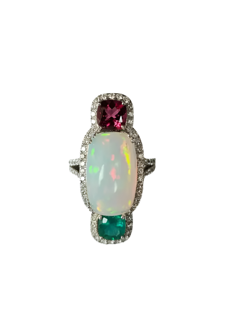 0.84 Ct. Round Cut Diamond 18k White Gold Wedding Ring Natural Ethiopian Opal, Zambian Emerald & Rubellite Gemstone Jewelry Gift