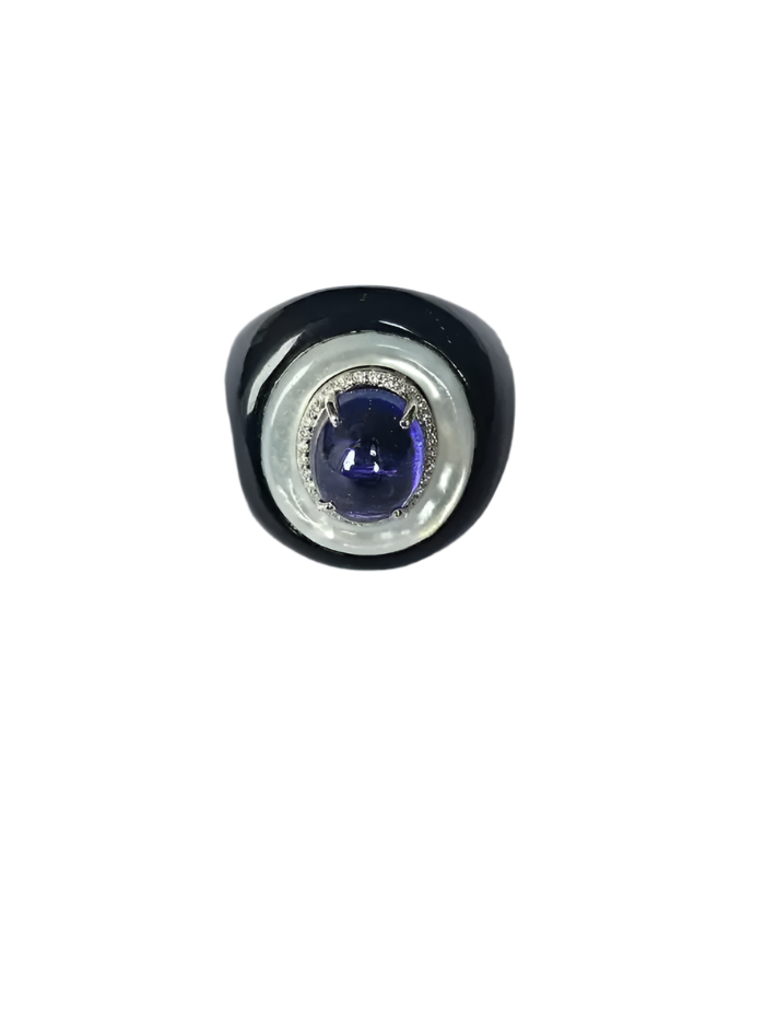 18k White Gold Ring - Natural Tanzanite & Mother Of Pearl Ring - Gold Diamond Cocktail Ring - Black Onyx Ring - Diamond Women Ring