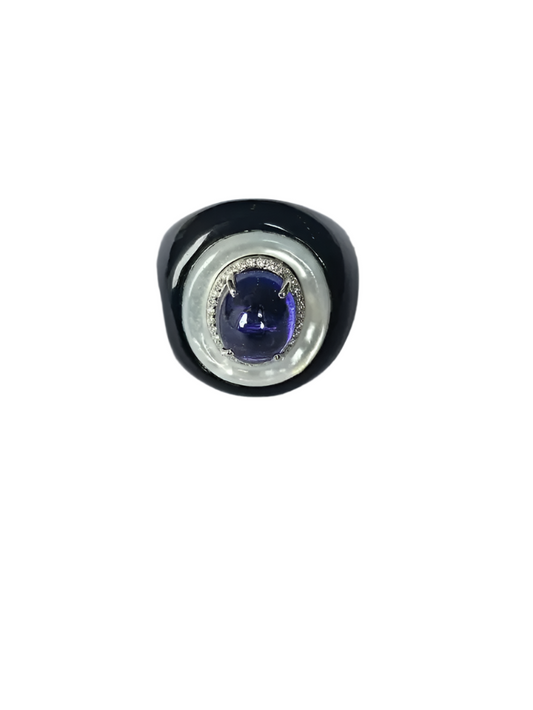 18k White Gold Ring - Natural Tanzanite & Mother Of Pearl Ring - Gold Diamond Cocktail Ring - Black Onyx Ring - Diamond Women Ring