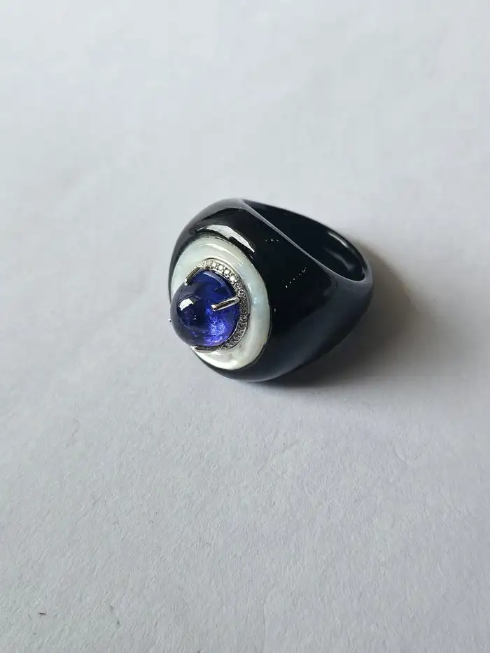 18k White Gold Ring - Natural Tanzanite & Mother Of Pearl Ring - Gold Diamond Cocktail Ring - Black Onyx Ring - Diamond Women Ring