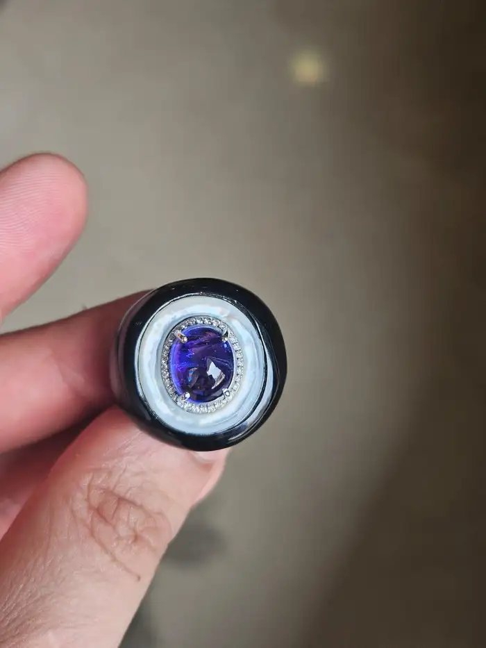 18k White Gold Ring - Natural Tanzanite & Mother Of Pearl Ring - Gold Diamond Cocktail Ring - Black Onyx Ring - Diamond Women Ring