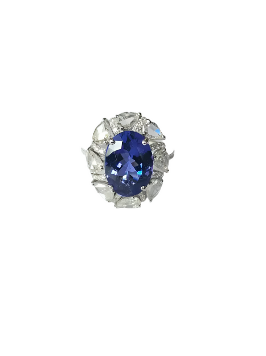 18k White Gold Diamond Ring | Natural Tanzanite Gemstone Cocktail Ring | Wedding Ring