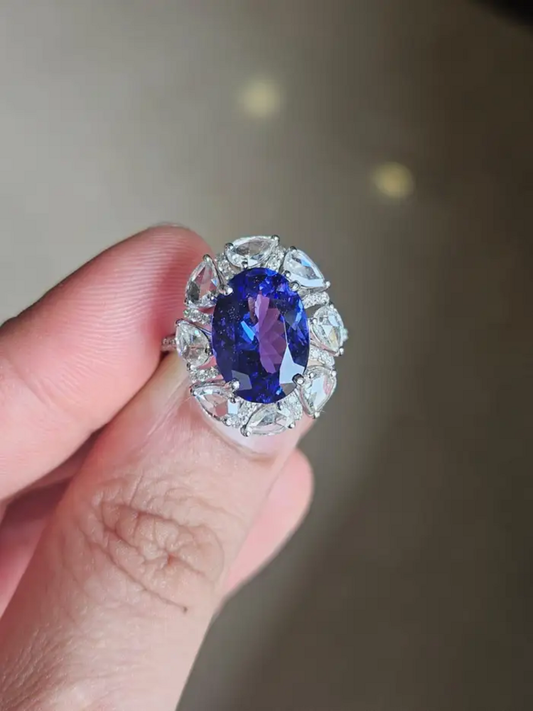 18k White Gold Diamond Ring | Natural Tanzanite Gemstone Cocktail Ring | Wedding Ring