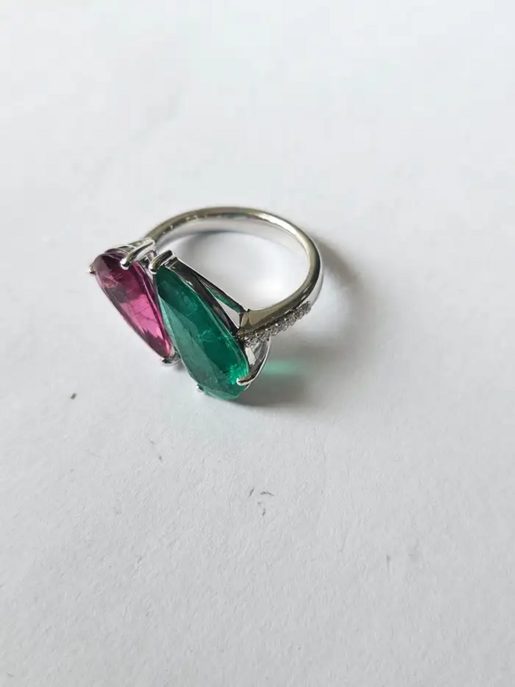 18k White Gold Diamond Cuff Ring - Natural Rubellite & Zambian Emerald Women Ring