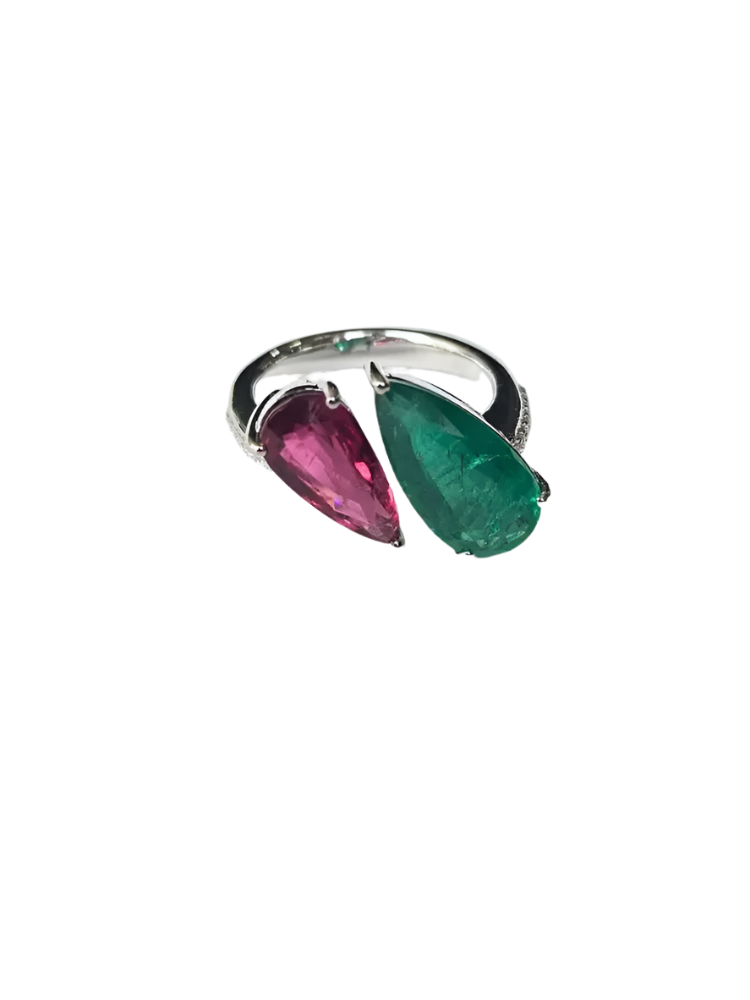 18k White Gold Diamond Cuff Ring - Natural Rubellite & Zambian Emerald Women Ring